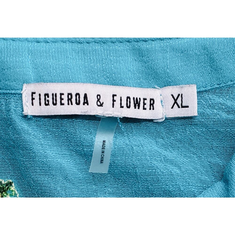 Figueroa & Flower XL Turquoise Embroidered Paisley Gauze Boho Btn Frnt Bell Slv - Picture 6 of 8